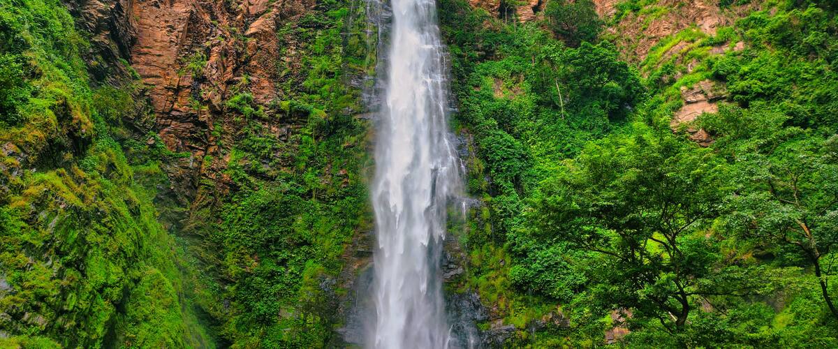 A waterfall cascading down a rocky cliff surrounded by lush greenery.