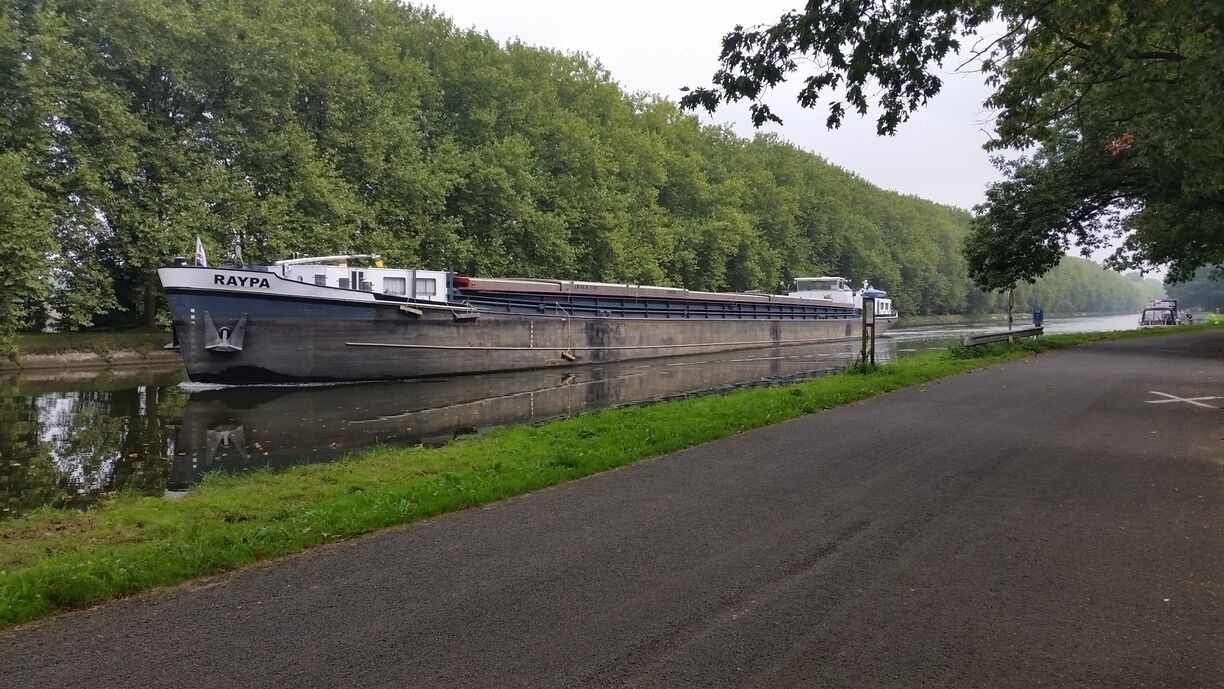 A large cargo ship named 'RAYPA' docked along a riverbank with lush greenery and a paved road beside it.
