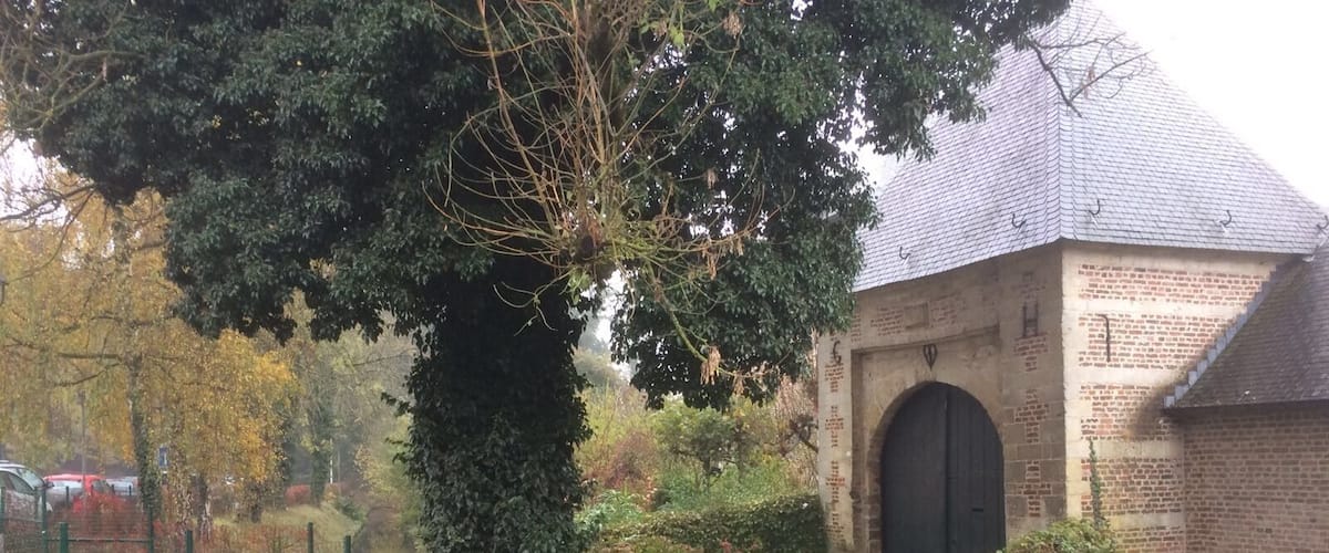 A brick building with a large arched entrance, a tree with ivy, and a small bridge over a water channel.