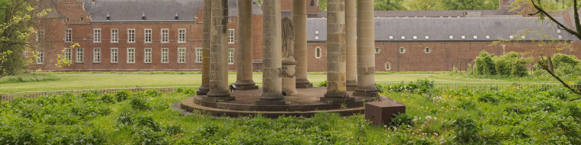 Hoeselt, Limburg - Belgium - 13.05.2021. Old antique gazebo in the park of a medieval castle Alden Biesen. Belgium