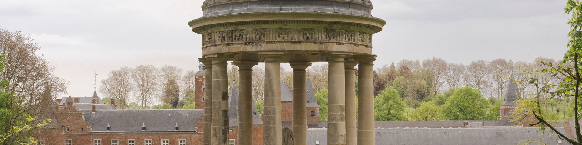 Hoeselt, Limburg - Belgium - 13.05.2021. Old antique gazebo in the park of a medieval castle Alden Biesen. Belgium