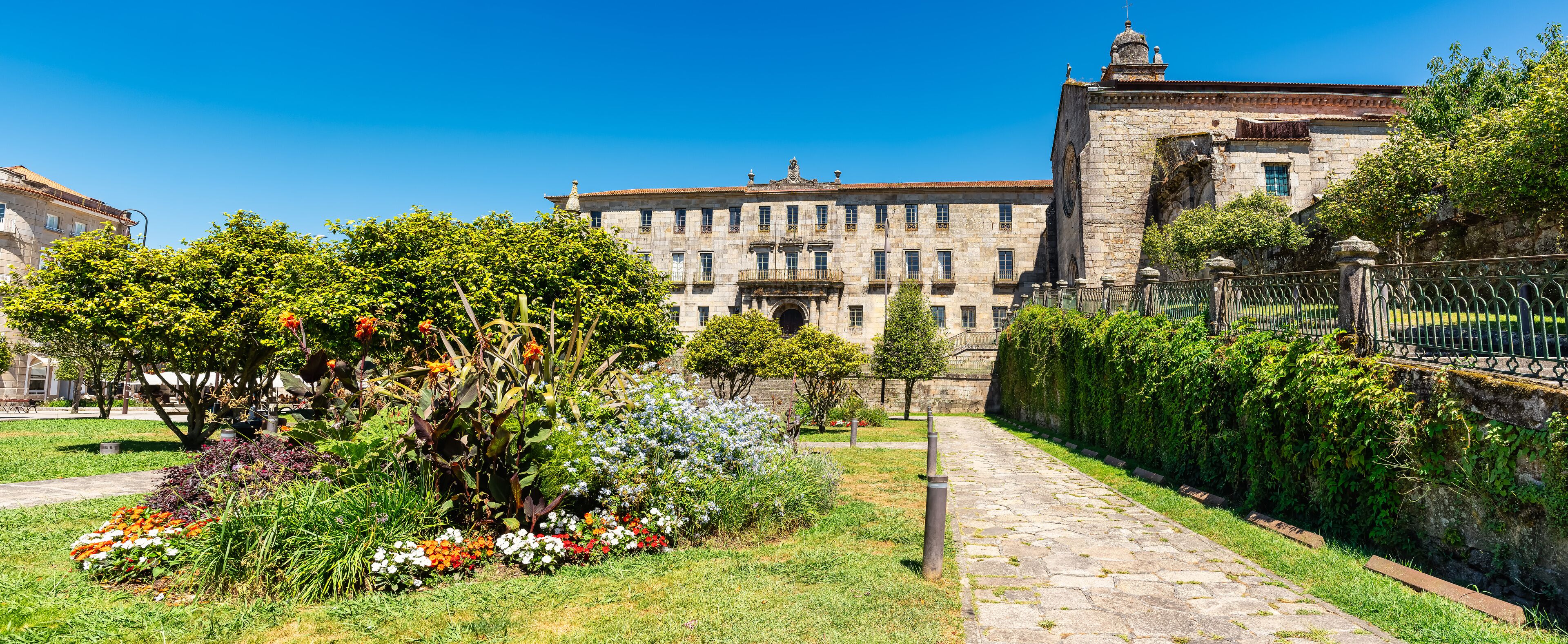 Flowers in the Plaza de Orense in the old town of the monumental city of Pontevedra, Galicia.