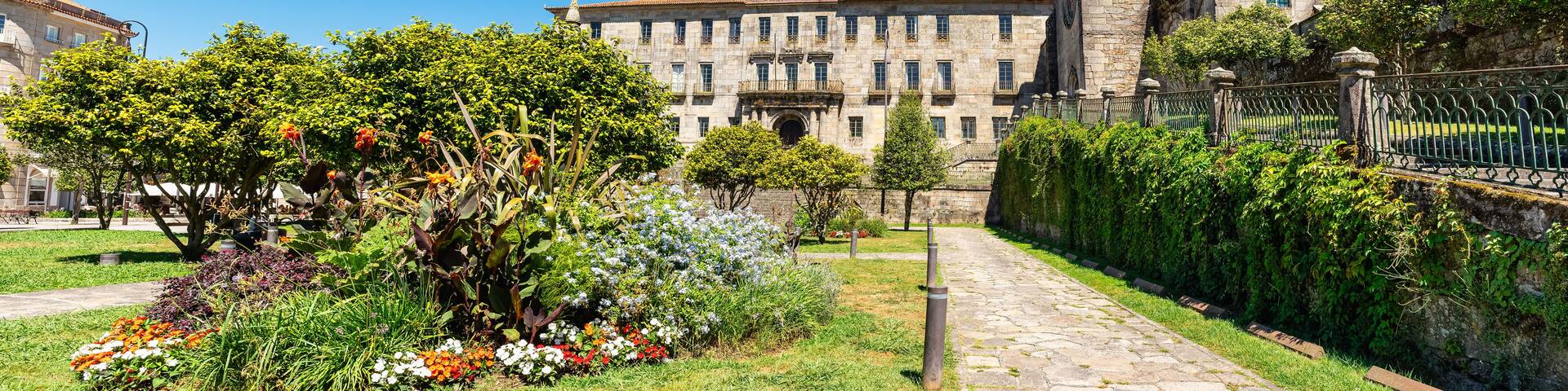 Flowers in the Plaza de Orense in the old town of the monumental city of Pontevedra, Galicia.