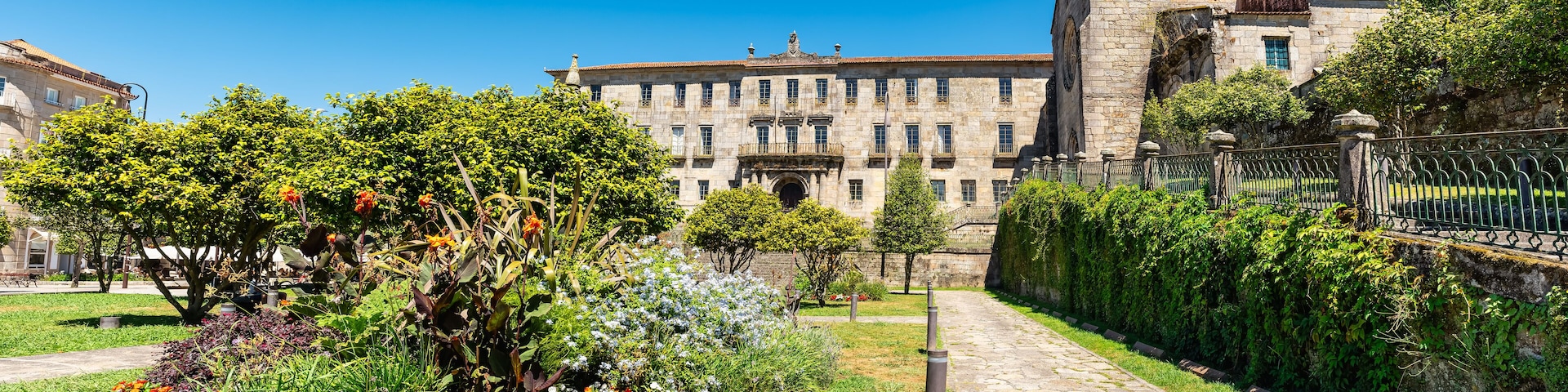 Flowers in the Plaza de Orense in the old town of the monumental city of Pontevedra, Galicia.