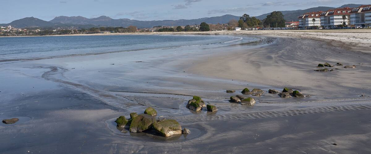 A beach with rocks and buildings in the background.