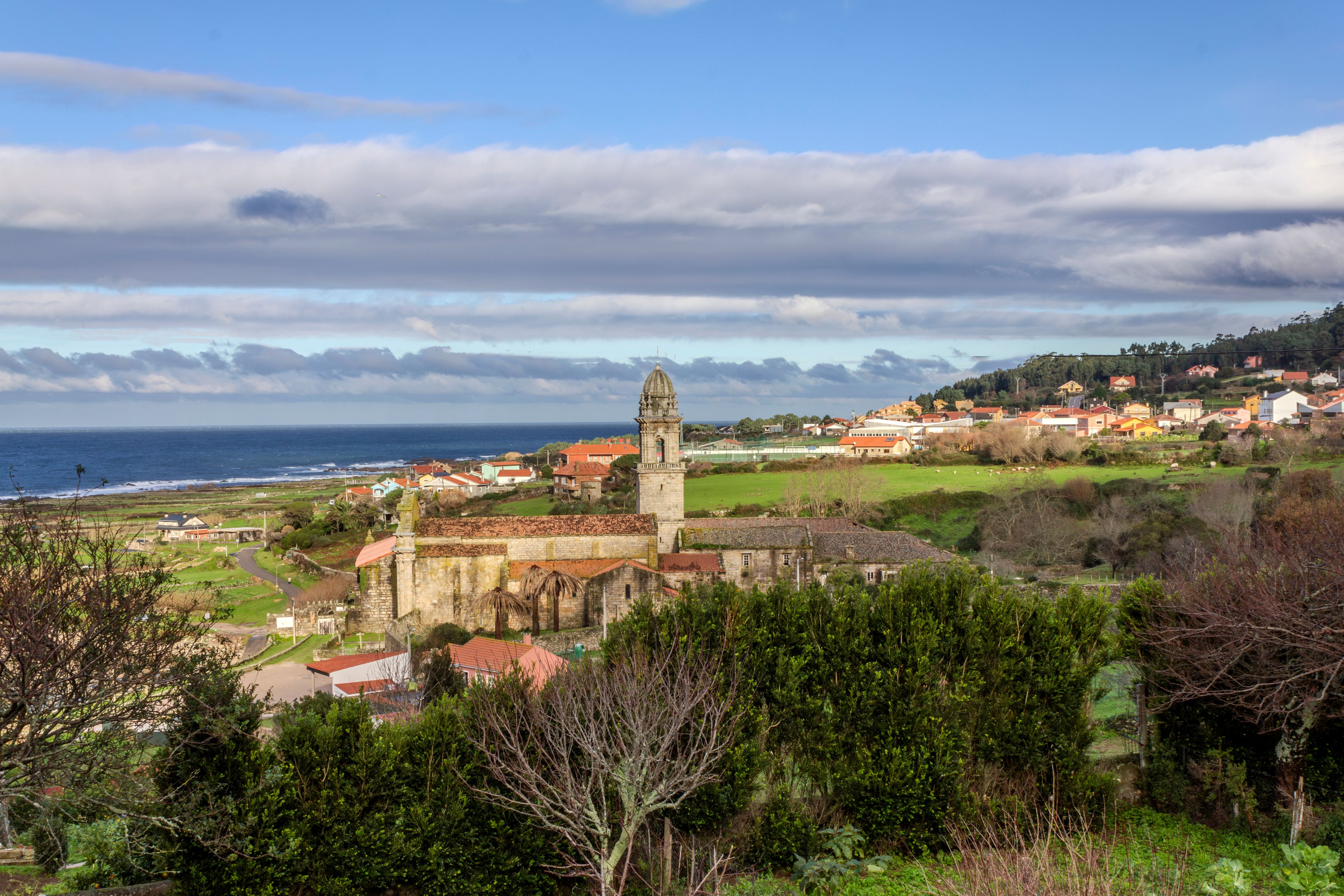 Nice view of the Royal Monastery of Santa Maria de Oia. Pontevedra, Galicia, Spain.