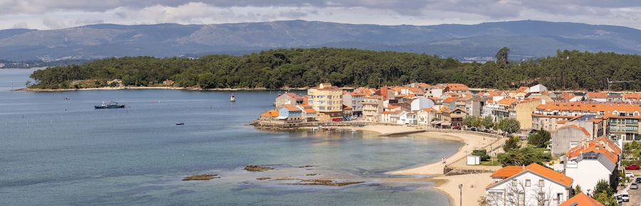 Wide Panoramic View of Carril village center, Villagarcia de Arosa, Pontevedra, Spain on sunny day