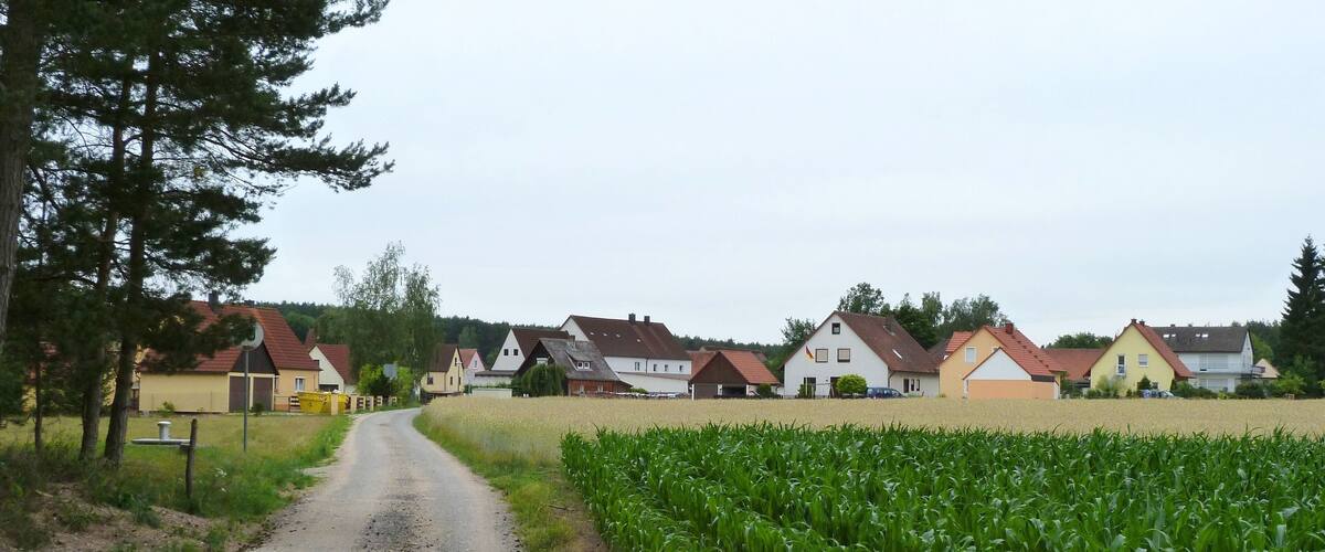 A rural road leading through a village with houses on one side and a field of crops on the other.