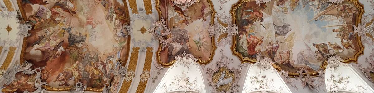 Fresco painting on the ceiling in Amorbach Benedictine monastery church in the district of Miltenberg in Lower Franconia in Bavaria, Germany