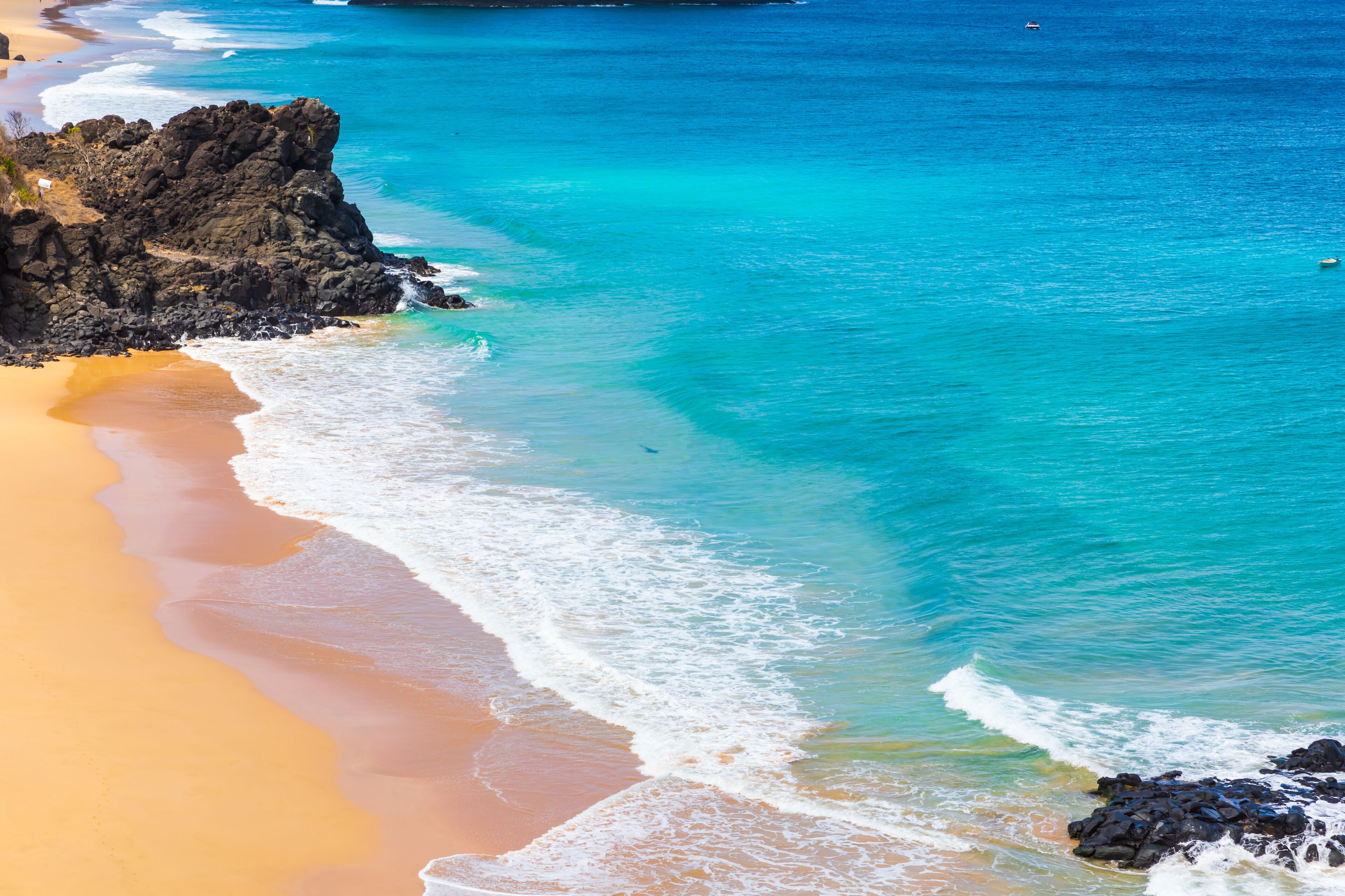 Incredible view of a shark swimming off the beach of Praia do Bode on the island of Fernando de Noronha, Brazil. A tourist surfing on this beach was recently bitten by a shark.