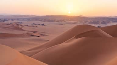 Aerial View of sand dunes at sunset in the Sahara desert, Djanet, Algeria, Africa.
