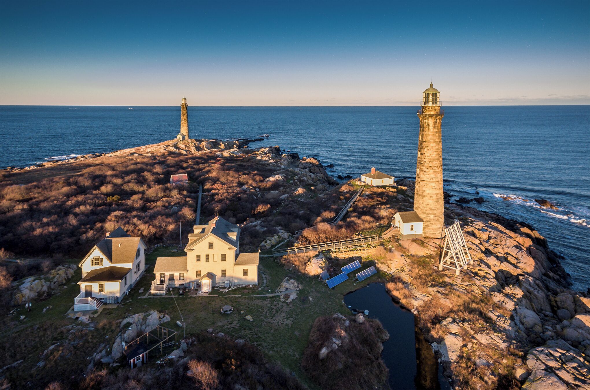 Twin lights in Rockport MA.  Beautiful lighthouses just offshore of Rockpot in late afternoon light taken with a dji phantom 4.