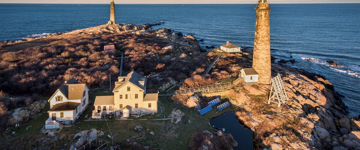 Twin lights in Rockport MA. Beautiful lighthouses just offshore of Rockpot in late afternoon light taken with a dji phantom 4.