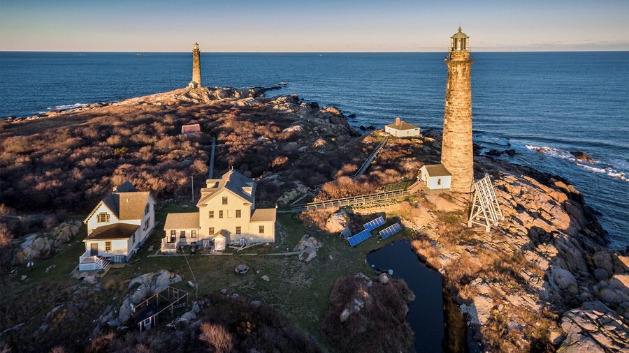 Twin lights in Rockport MA. Beautiful lighthouses just offshore of Rockpot in late afternoon light taken with a dji phantom 4.