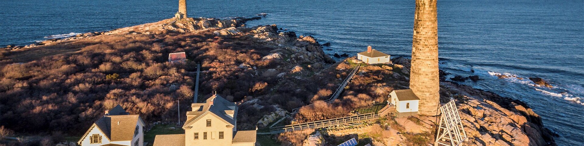 Twin lights in Rockport MA. Beautiful lighthouses just offshore of Rockpot in late afternoon light taken with a dji phantom 4.