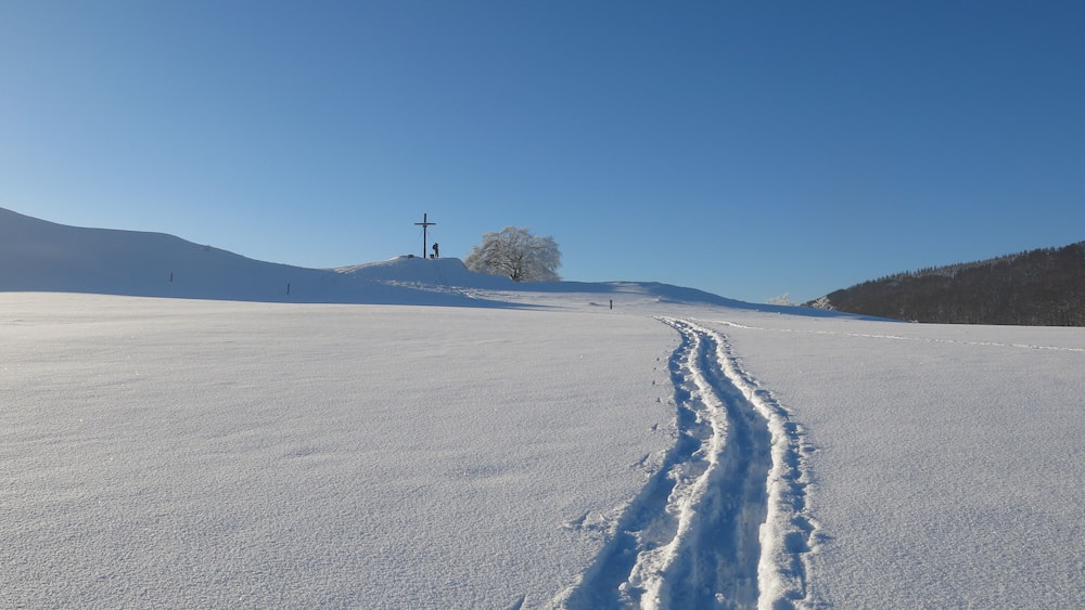 A snow-covered landscape with a cross on a hill and a tree in the distance.