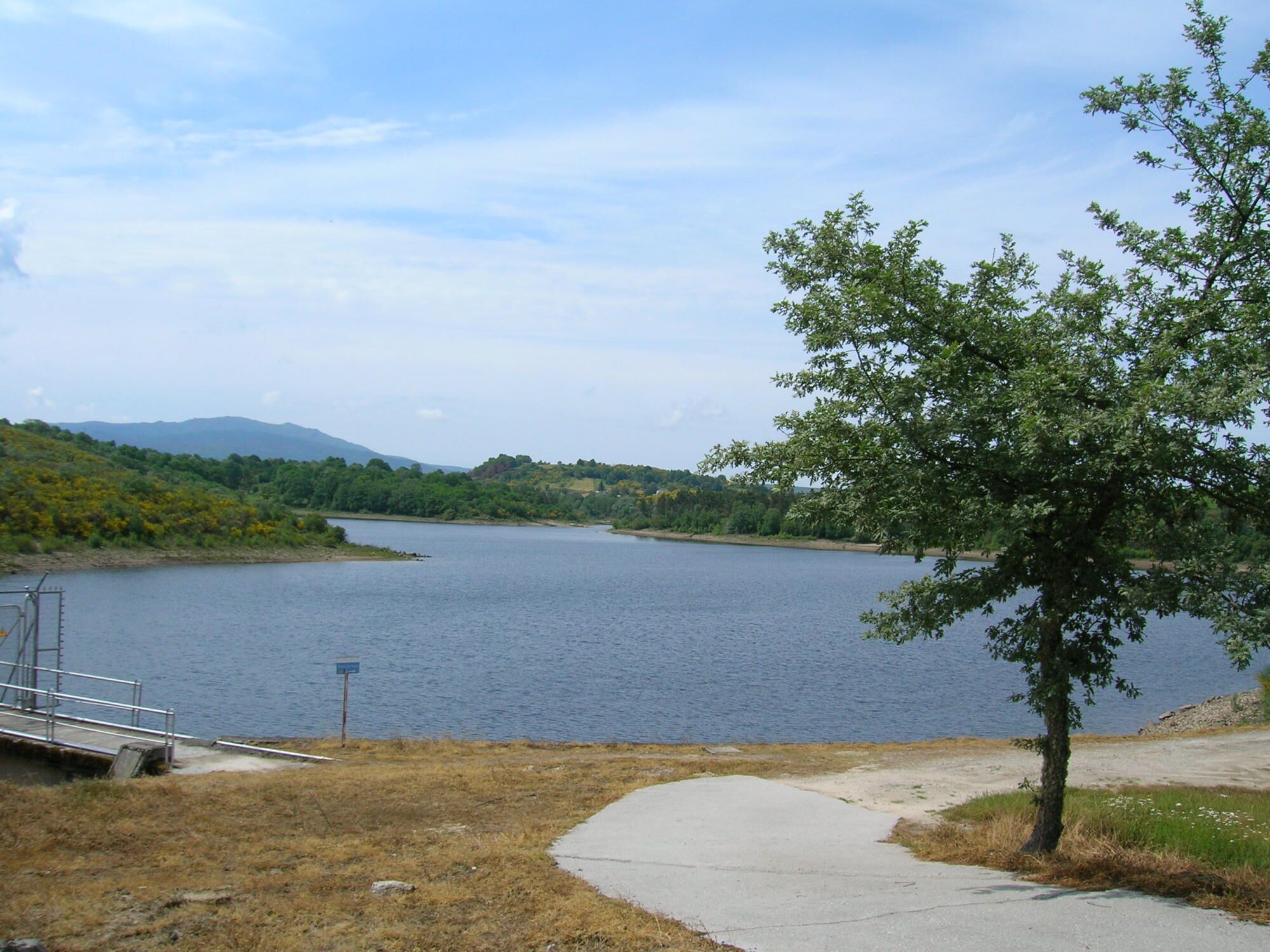 A lake with a concrete path and a metal railing.