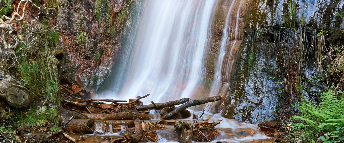 A waterfall flowing over rocks in a forested area.