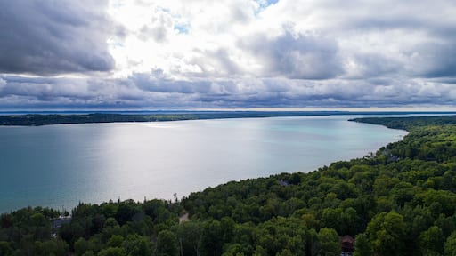 Aerial drone view of Torch Lake on overcast summer day.