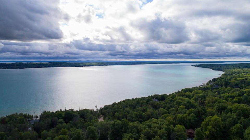 A large body of water surrounded by dense forest and a cloudy sky.