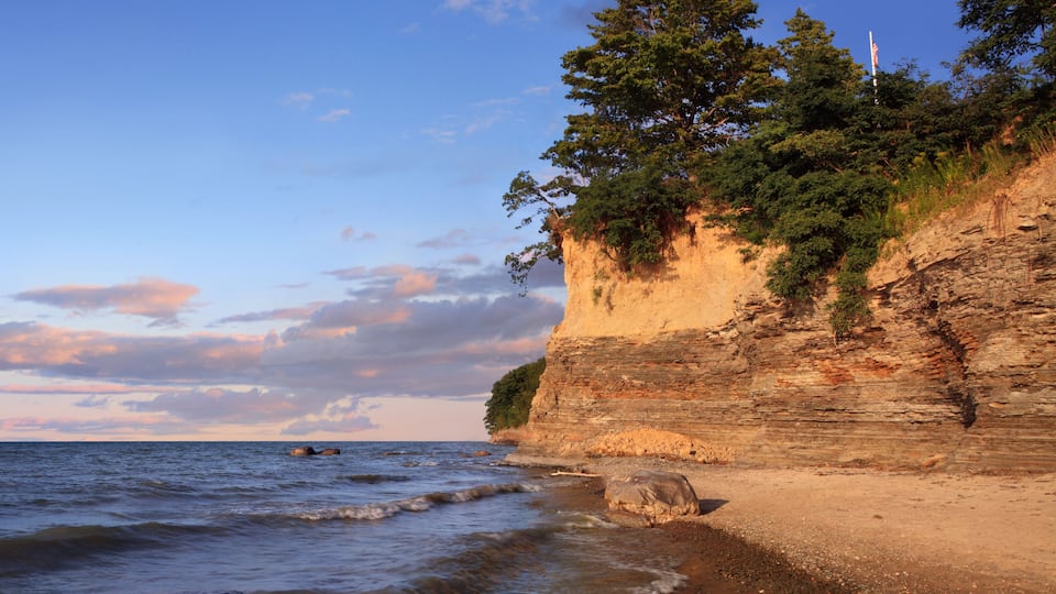 A coastal landscape with a sandy beach, a rocky cliff with vegetation, and the ocean.