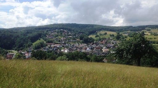 View of the vilage of Heimbuchenthal, Aschaffenburg district, Bavaria, Germany. Seen from the Panoramaweg to the east, June 2016.