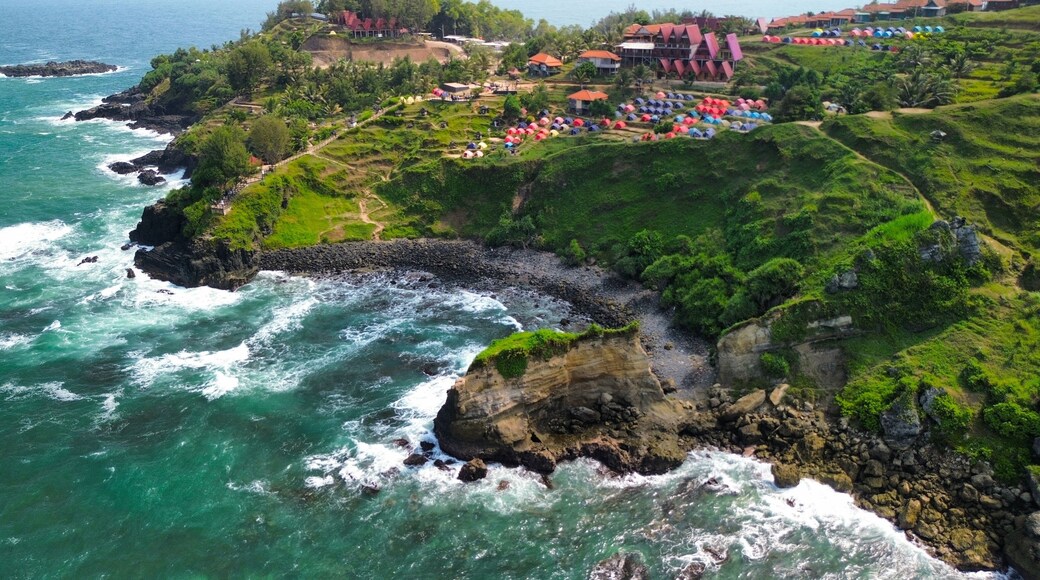 Aerial drone view of coastline with hills and trees, as well as view of coral cliffs and sea with waves from the ocean in Menganti Beach Kebumen Central Java Indonesia