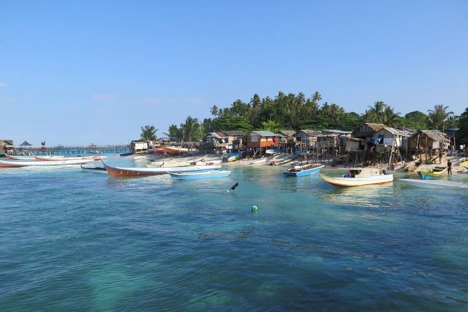 A coastal village with boats docked along the shore, surrounded by lush greenery and clear blue waters.