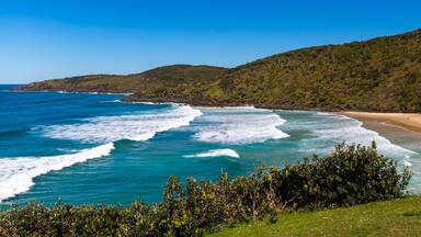 Girl in a hat sits and admires stunning hidden O'connors beach (cove) in Hat Head National Park, Korogoro walking track; NSW, Australia. Australian beautiful bays