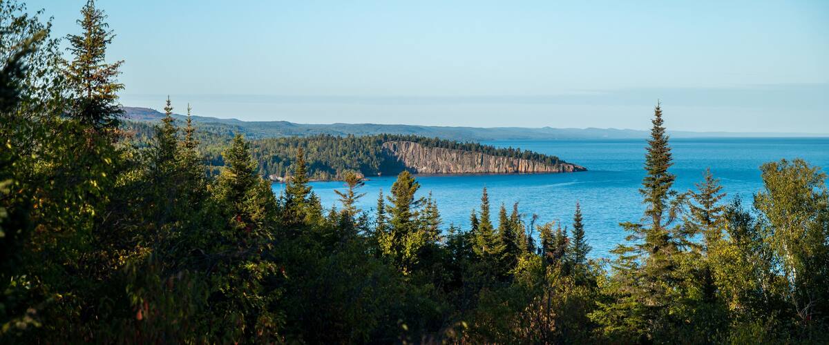Shovel Point along the north shore of Lake Superior in Minnesota, in evening light, as viewed from Palaside Head, near Silver Bay. Located in Tettegouche State Park.