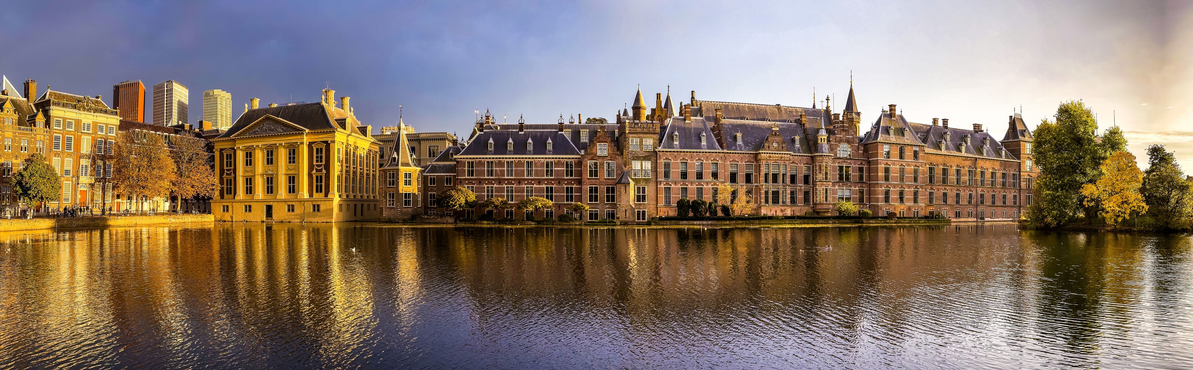 View of The Binnenhof building at sunset in The Hague, Netherlands