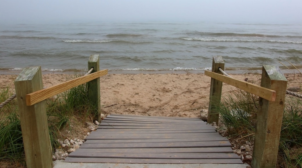Beautiful midwest nature background. Landscape with wooden boardwalk to the beach through sand dunes and mist over the lake Michigan at Kohler-Andrae State Park, Sheboygan area, Wisconsin, USA.