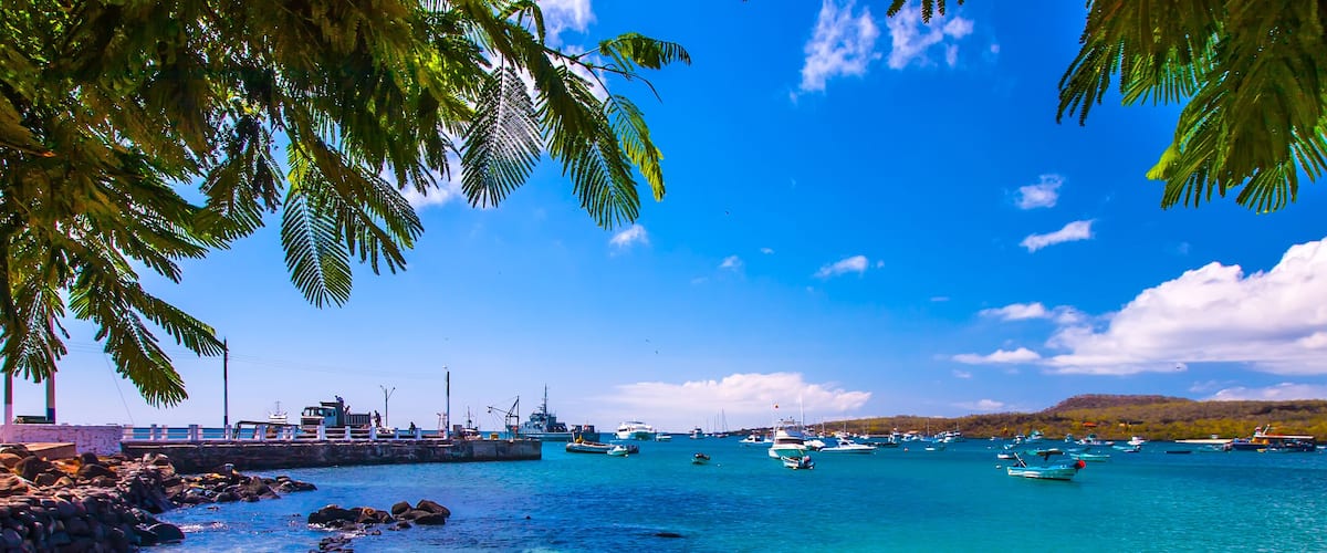 The bay with a dock in the Galapagos Islands. Pacific Ocean. Ecuador. The Galapagos Islands. Isla San Cristobal Island