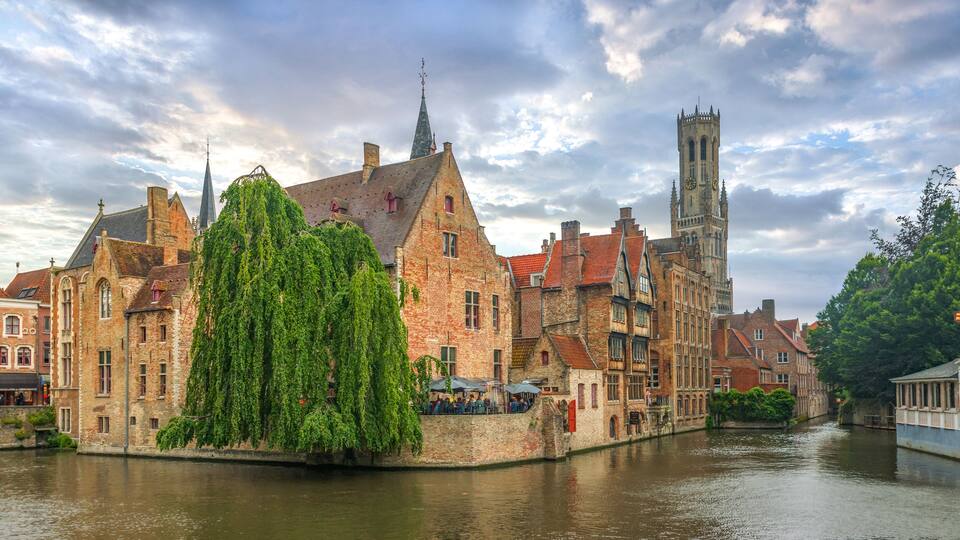 The Belfry Tower and canals in the beautiful city of Bruges Belgium