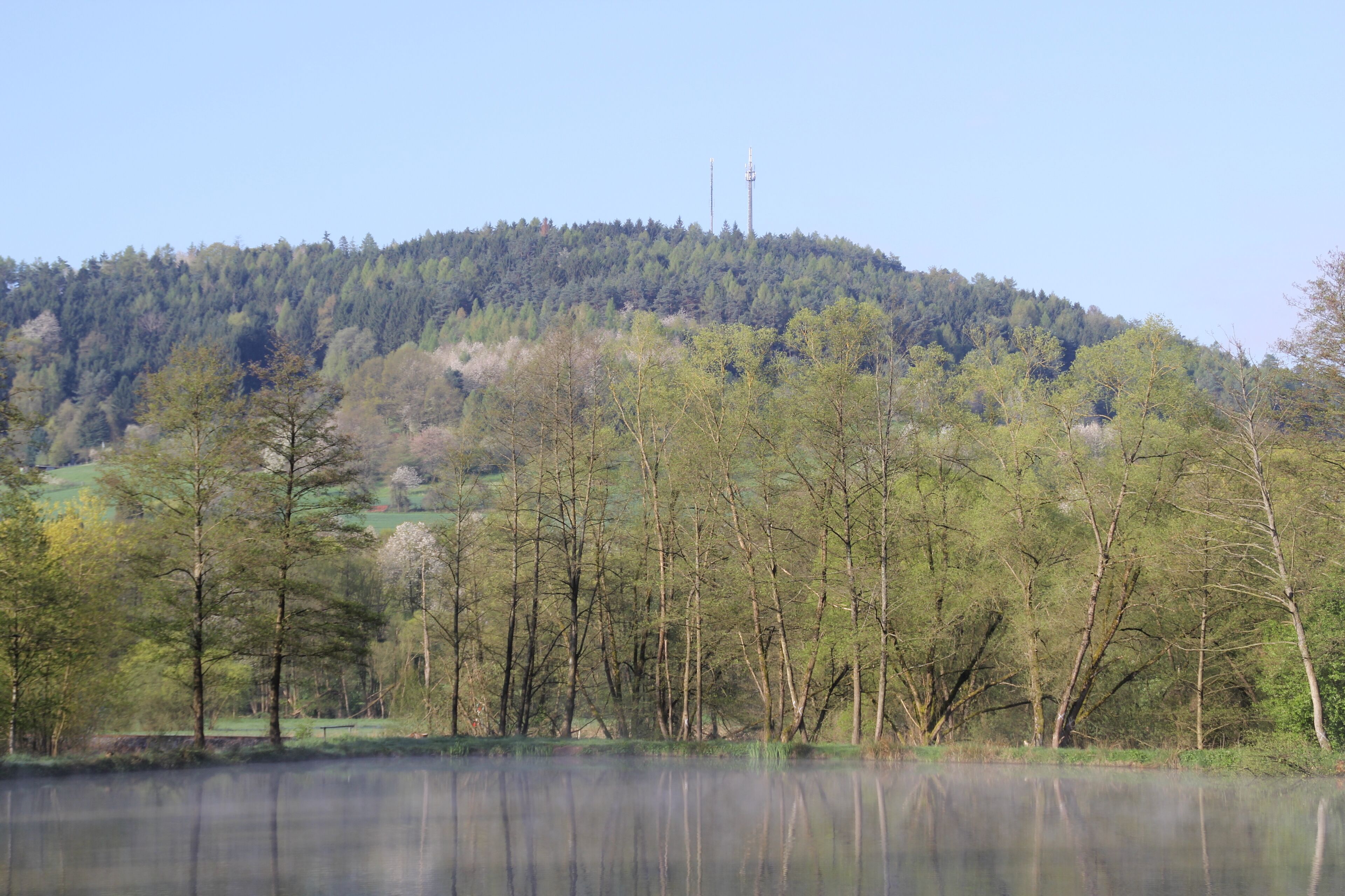 A calm lake with trees in the foreground and a hill with a tall structure in the background.