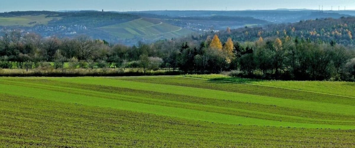 A rural landscape with green fields, a distant town, and rolling hills.