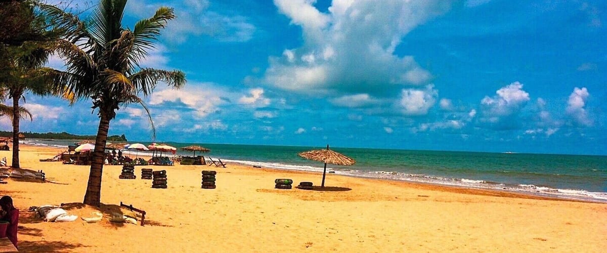 A beach with palm trees, umbrellas, and a clear blue sky.