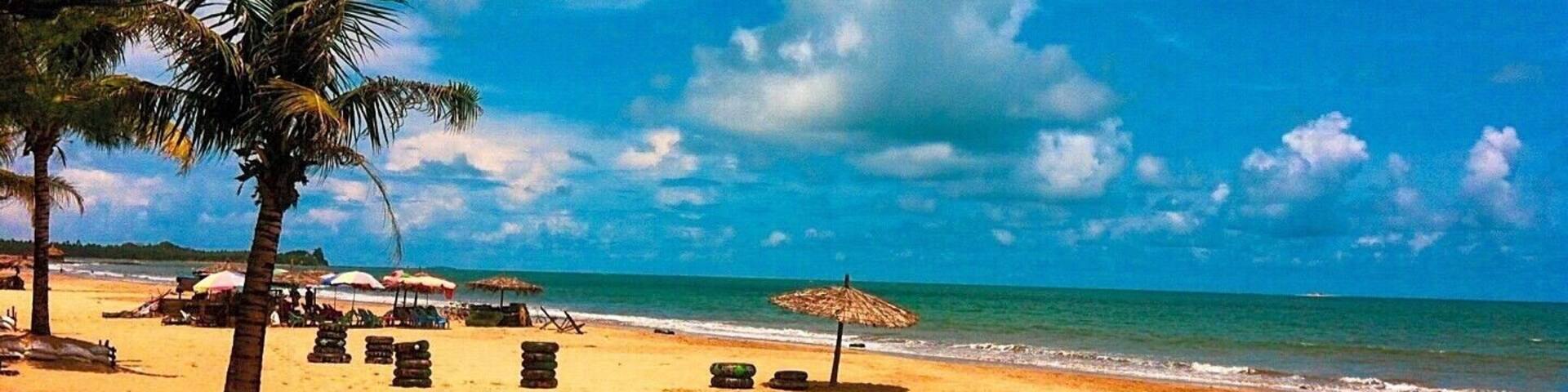 A beach with palm trees, umbrellas, and a clear blue sky.