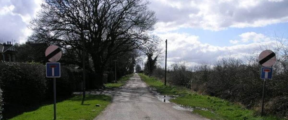 A rural road with a speed limit sign, a no entry sign, and a direction sign.