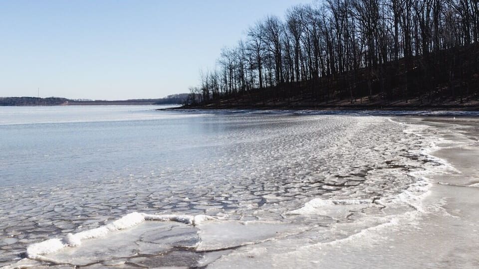 A frozen lake with clear ice and a forested shoreline.
