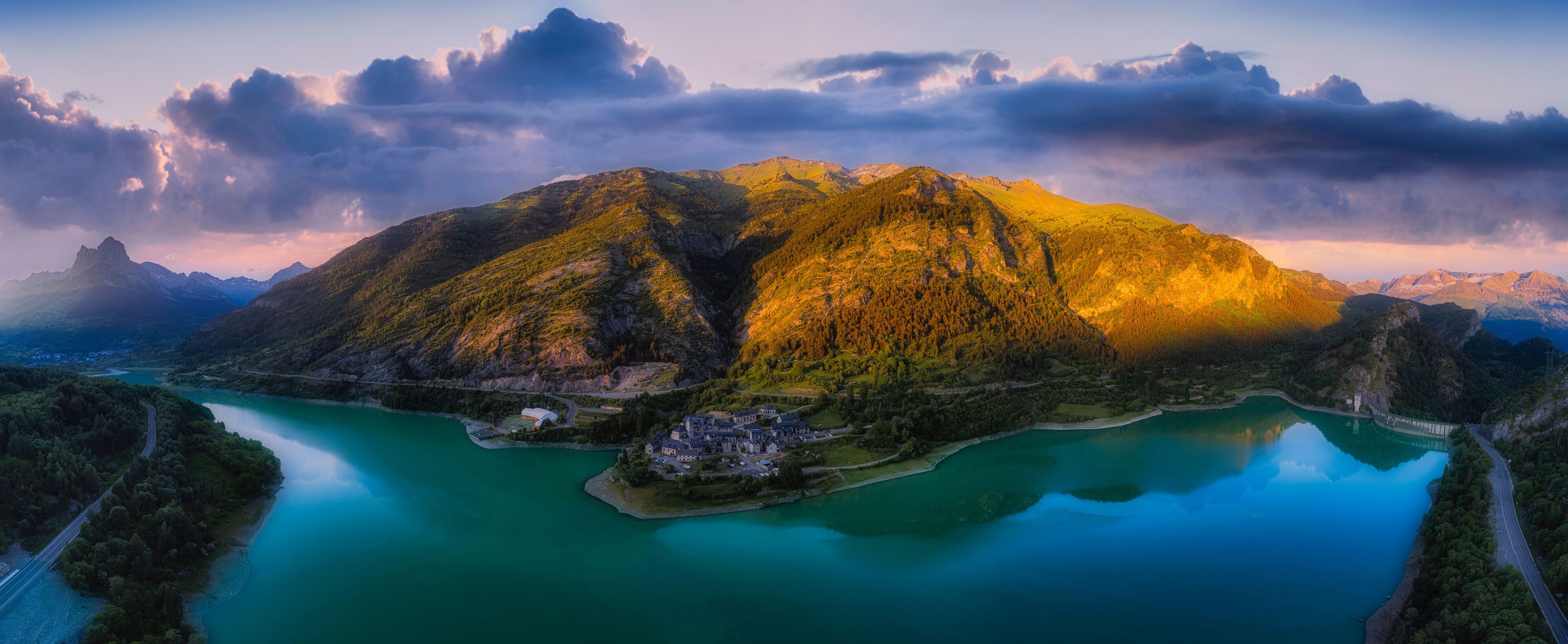 Aerial view of the Tena Valley, Pyrenees, Huesca, Aragon, Spain