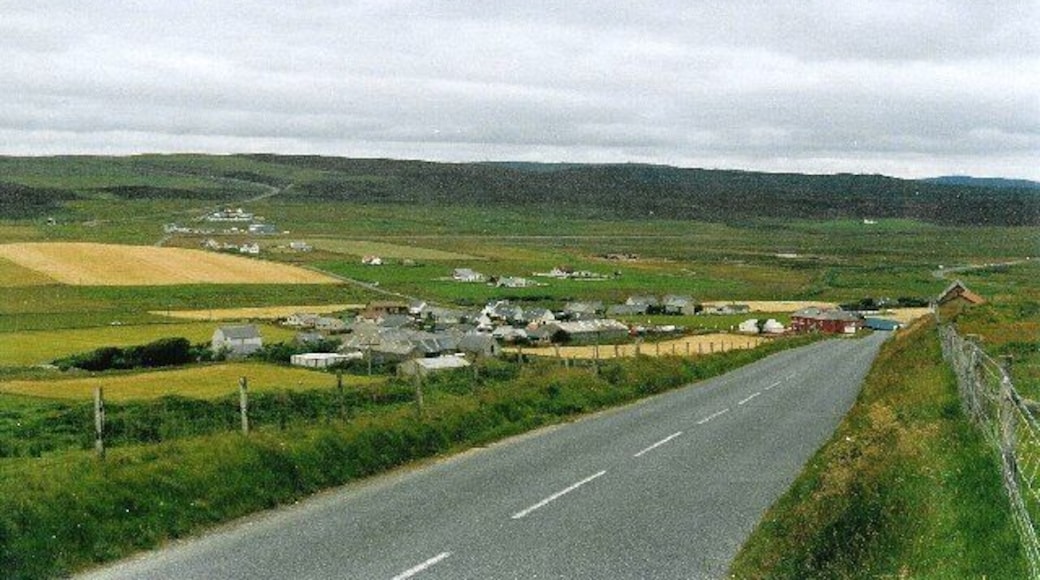 Veensgarth and Tingwall airport. Viewed from the side of Herrislee Hill, looking north. The airport runway is just visible as a line stretching across the middle of the picture from the cluster of buildings in the distance.