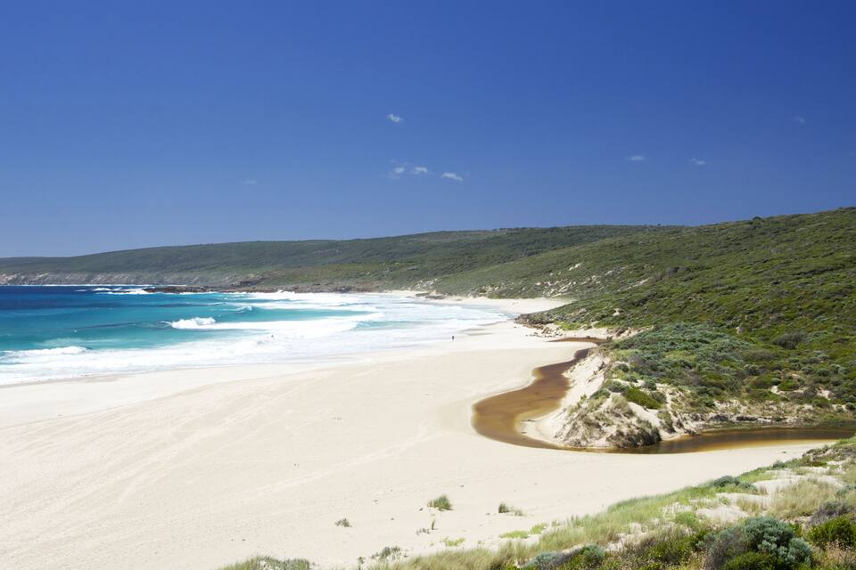 Un paisaje costero con una playa de arena, olas del océano y colinas verdes.