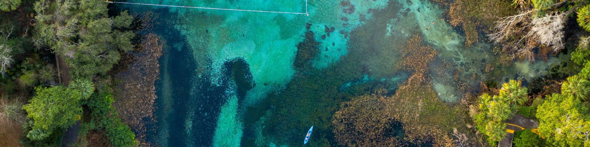 Beautiful aqua springs at Rainbow Springs State Park, Florida on a summer day, Aerial view