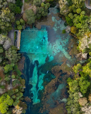 Beautiful aqua springs at Rainbow Springs State Park, Florida on a summer day, Aerial view
