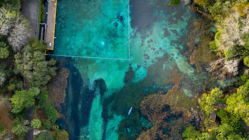 An aerial view of a coastal area with clear turquoise waters, dense greenery, and a paved walkway leading to a dock.