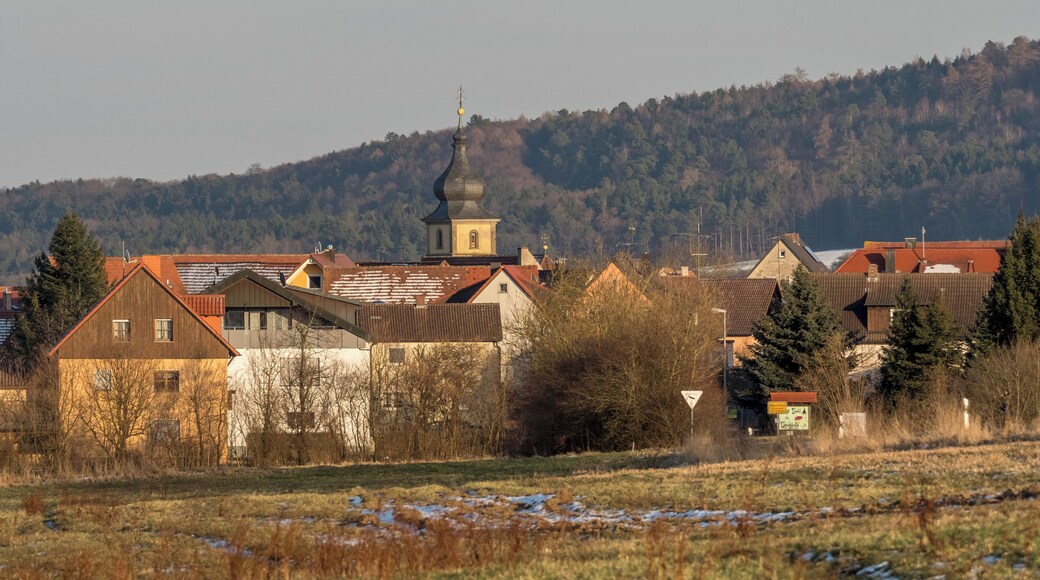 View of Geusfeld with the catholic parish church St. Martin