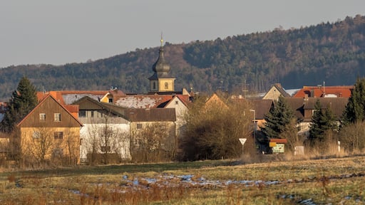 View of Geusfeld with the catholic parish church St. Martin