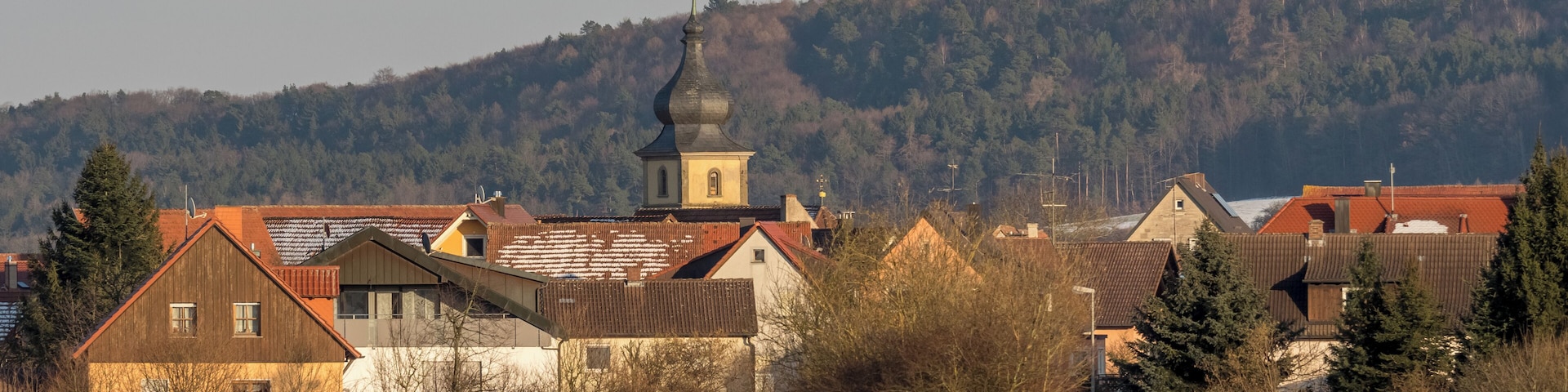View of Geusfeld with the catholic parish church St. Martin