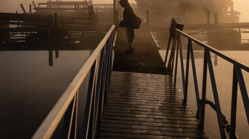 A wooden pier extending into a misty body of water with a boat docked at the end.